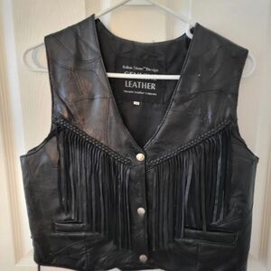 Itslian Stone Fringe Patchwork Black Leather Vest